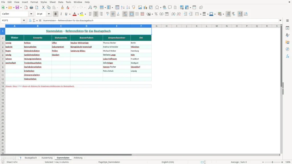 Stammdaten – Bautagebuch Excel – Vorlage (2026)