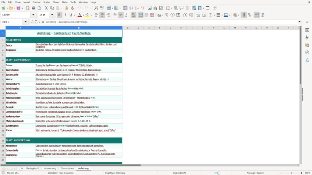 Anleitung – Bautagebuch Excel – Vorlage (2026)