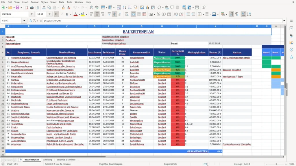 Bauzeitenplan – Bauzeitenplan Vorlage Excel – praxiserprobt & klar