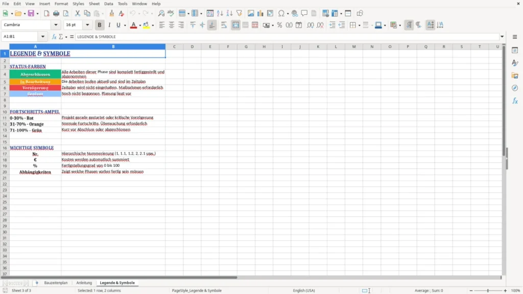 Legende & Symbole – Bauzeitenplan Vorlage Excel – praxiserprobt & klar