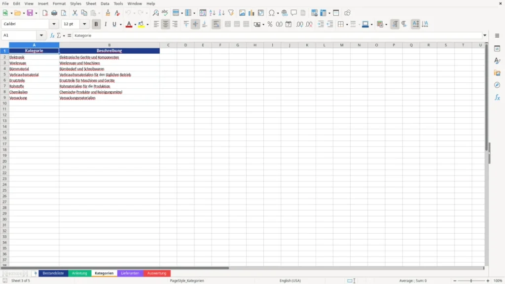 Kategorien – Bestandsliste Vorlage Excel – Lager im Griff