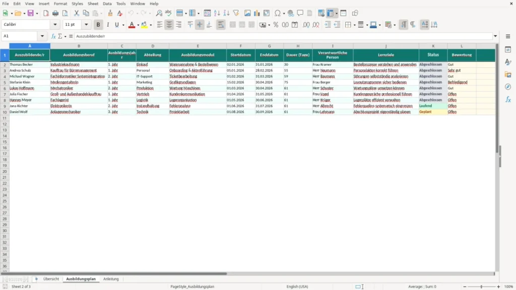 Ausbildungsplan – Betrieblicher Ausbildungsplan Excel Vorlage (2026)