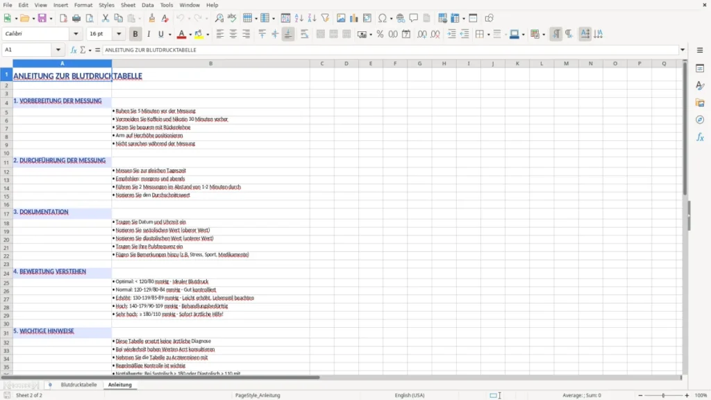 Anleitung – Blutdrucktabelle Excel – Vorlage mit Diagramm & Ampel