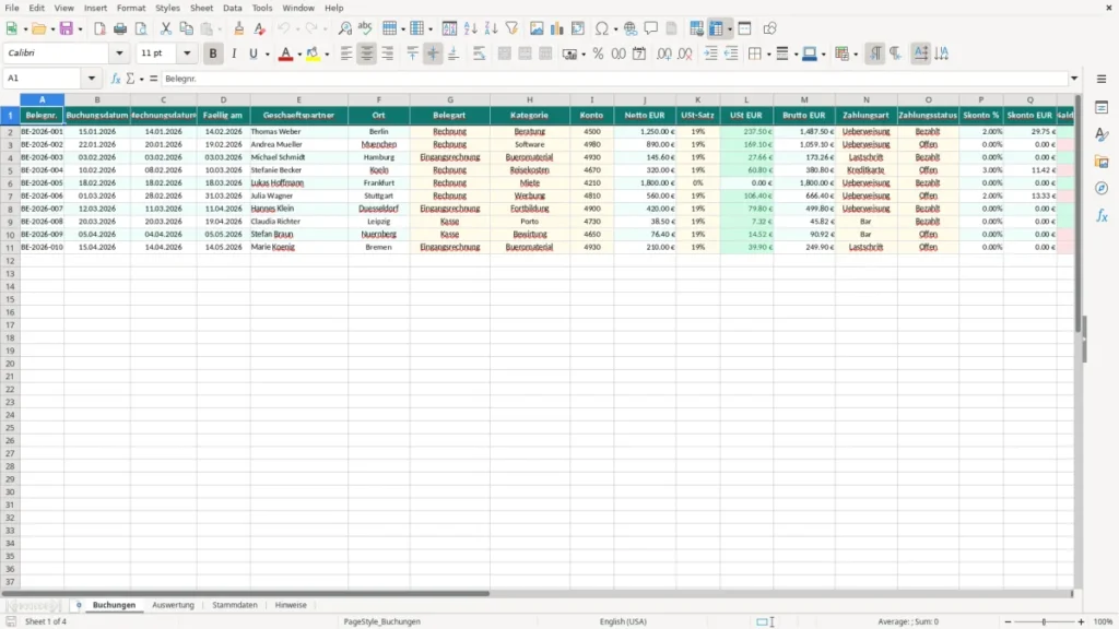Buchungen – Buchhaltung Excel Vorlage – Kostenlose Vorlage (2026)