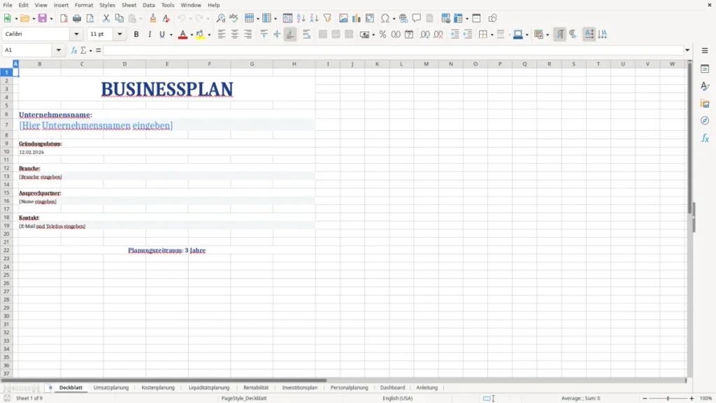 Deckblatt – Businessplan Vorlage Excel – Profi-Tool mit Dashboard