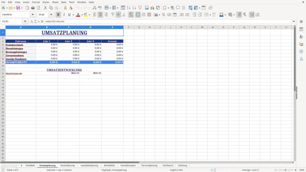 Umsatzplanung – Businessplan Vorlage Excel – Profi-Tool mit Dashboard