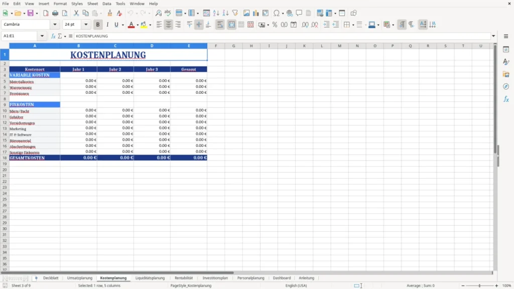 Kostenplanung – Businessplan Vorlage Excel – Profi-Tool mit Dashboard