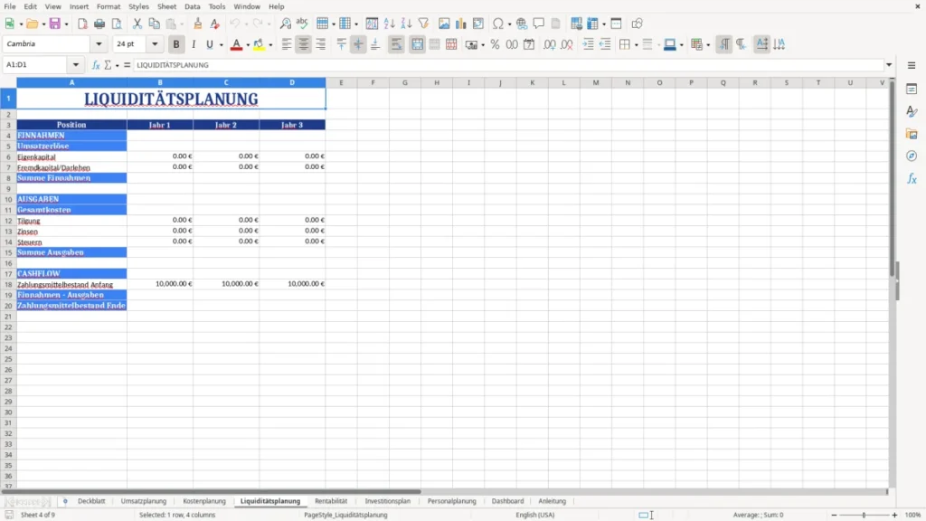 Liquiditätsplanung – Businessplan Vorlage Excel – Profi-Tool mit Dashboard