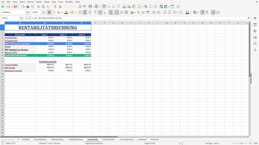 Rentabilität – Businessplan Vorlage Excel – Profi-Tool mit Dashboard