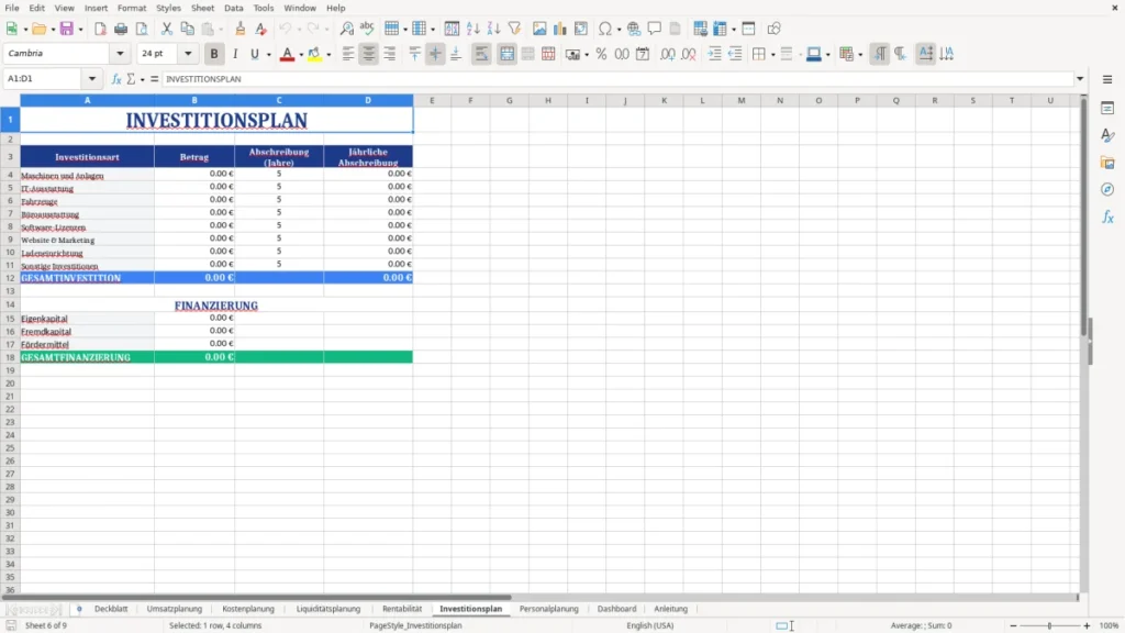 Investitionsplan – Businessplan Vorlage Excel – Profi-Tool mit Dashboard