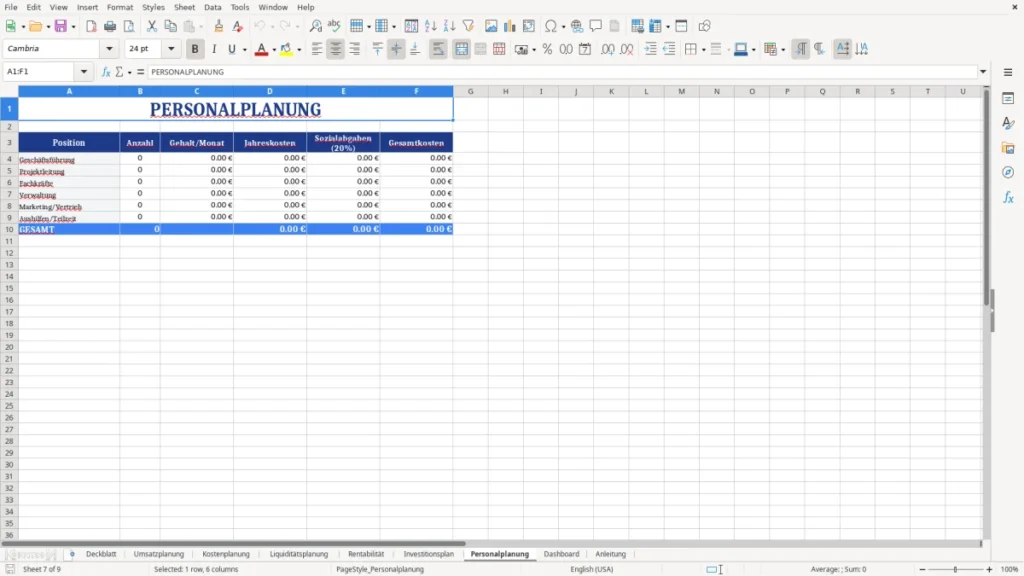 Personalplanung – Businessplan Vorlage Excel – Profi-Tool mit Dashboard