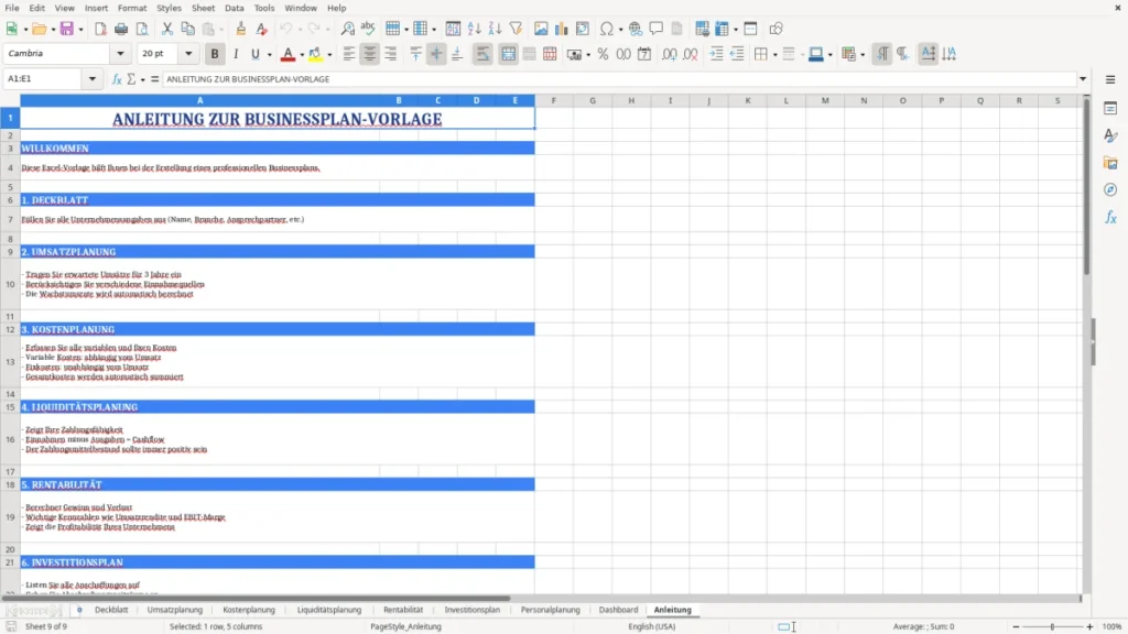 Anleitung – Businessplan Vorlage Excel – Profi-Tool mit Dashboard