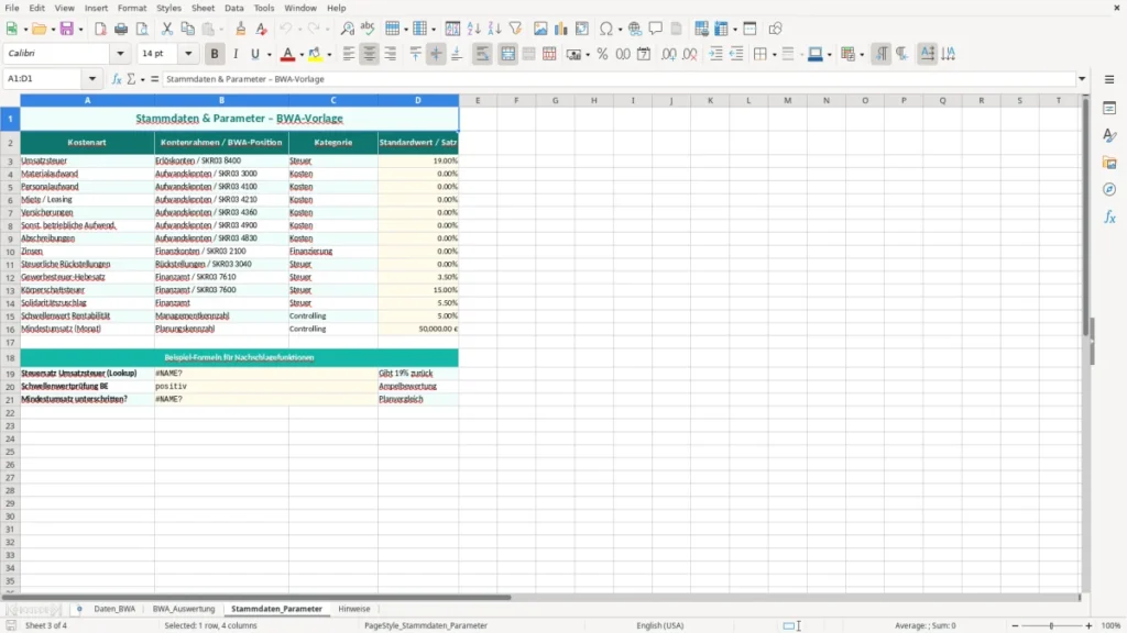 Stammdaten_Parameter – BWA Excel Vorlage – Kostenlose Vorlage (2026)