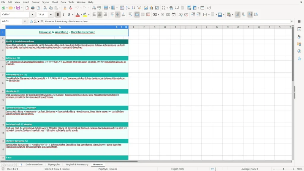 Hinweise – Darlehensrechner Excel – Kostenlose Vorlage (2026)