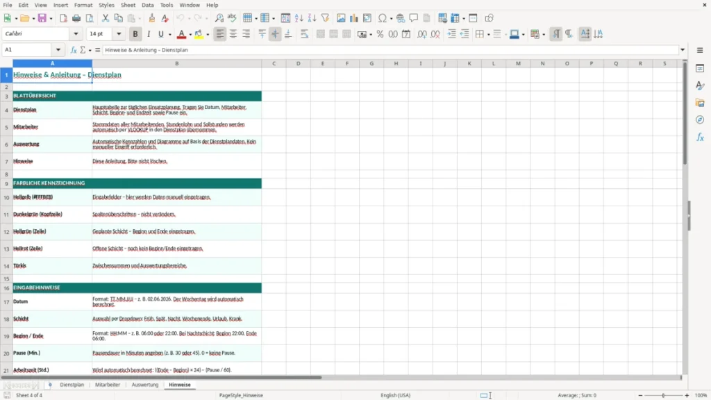 Hinweise – Dienstplan Excel Vorlage (2026)