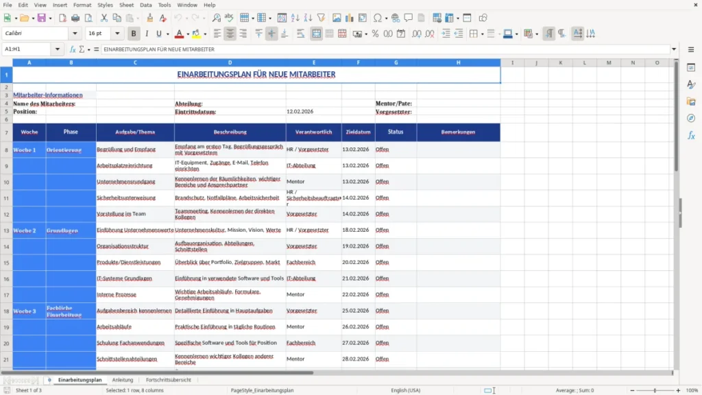 Einarbeitungsplan – Einarbeitungsplan Vorlage Excel – mit Fortschritts-Check