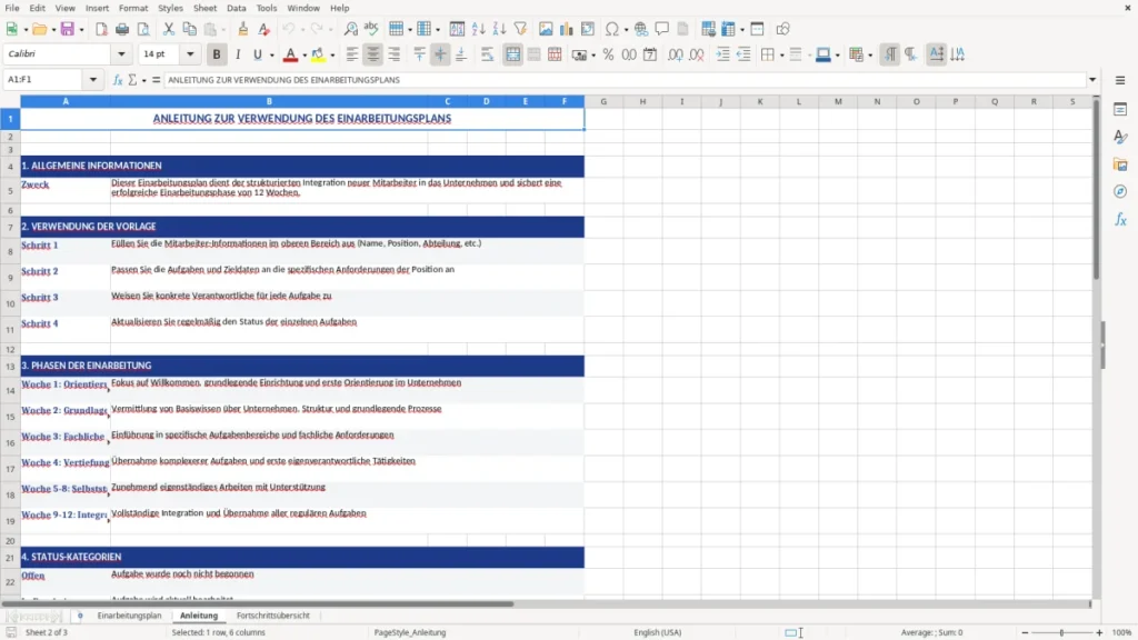 Anleitung – Einarbeitungsplan Vorlage Excel – mit Fortschritts-Check