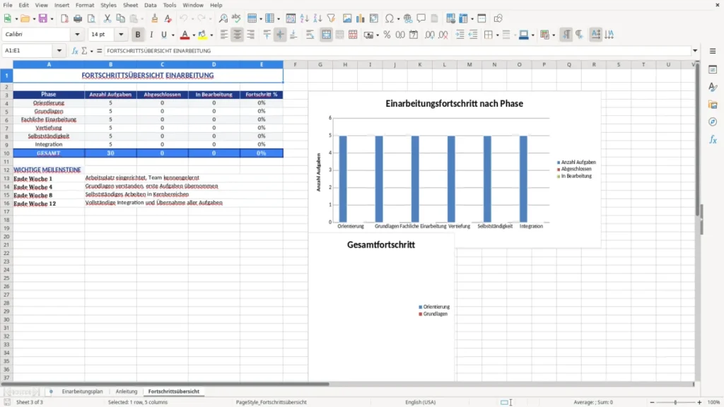 Fortschrittsübersicht – Einarbeitungsplan Vorlage Excel – mit Fortschritts-Check