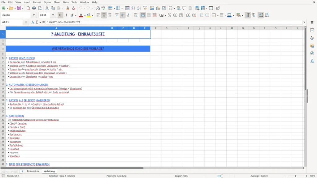 Anleitung – Einkaufsliste Vorlage Excel – smart planen & sparen