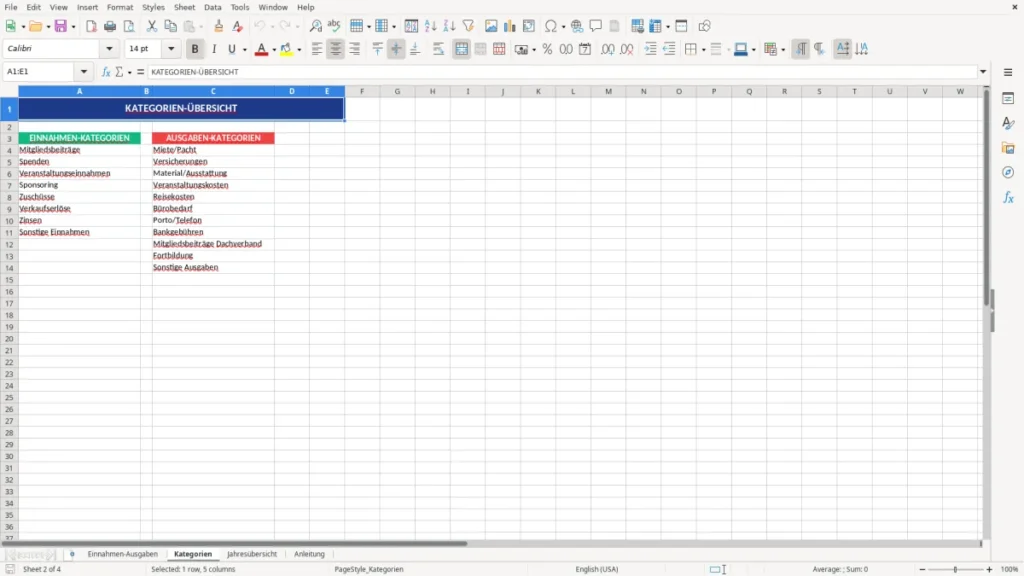Kategorien – Einnahmen-Ausgaben Verein – Excel Vorlage (Kassenbuch)