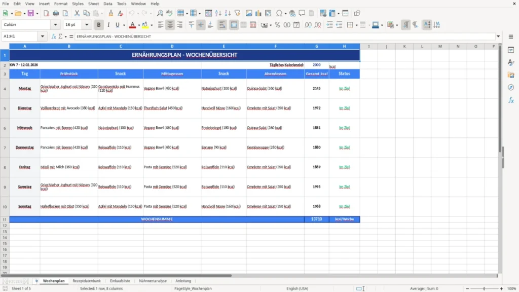 Wochenplan – Ernährungsplan Vorlage Excel – Wochenplan & Einkauf