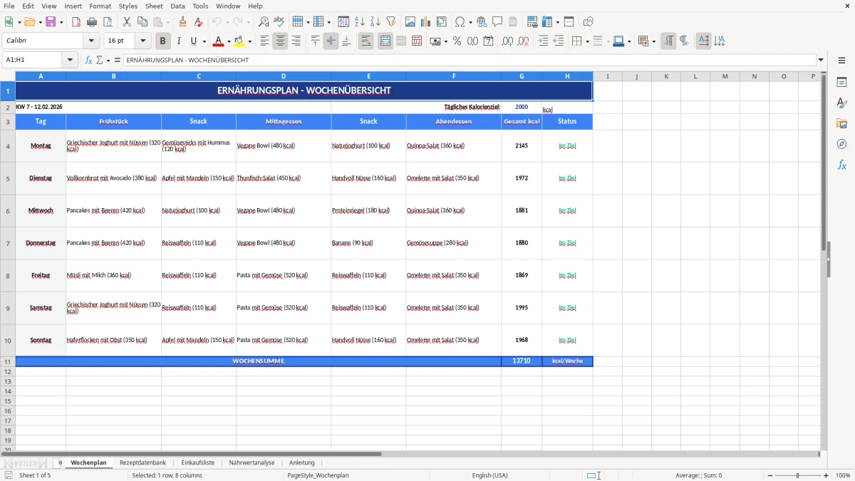 Ernährungsplan Vorlage Excel – Wochenplan & Einkauf