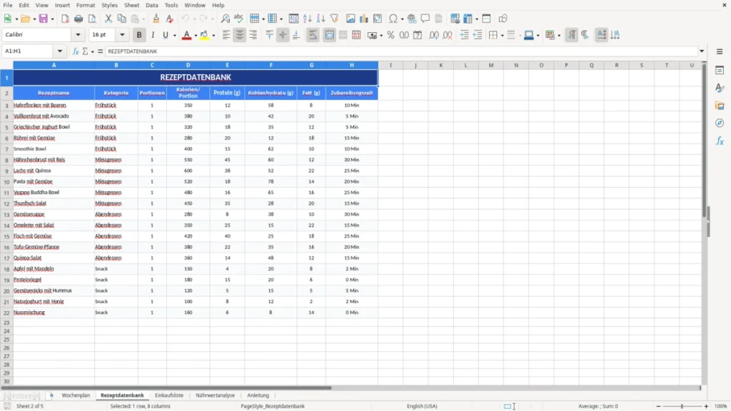 Rezeptdatenbank – Ernährungsplan Vorlage Excel – Wochenplan & Einkauf