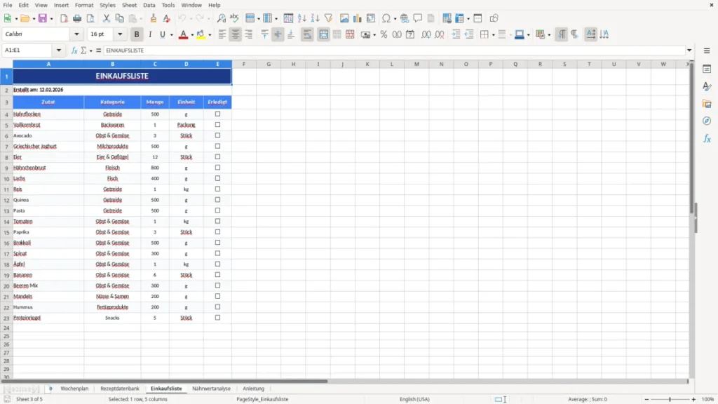 Einkaufsliste – Ernährungsplan Vorlage Excel – Wochenplan & Einkauf