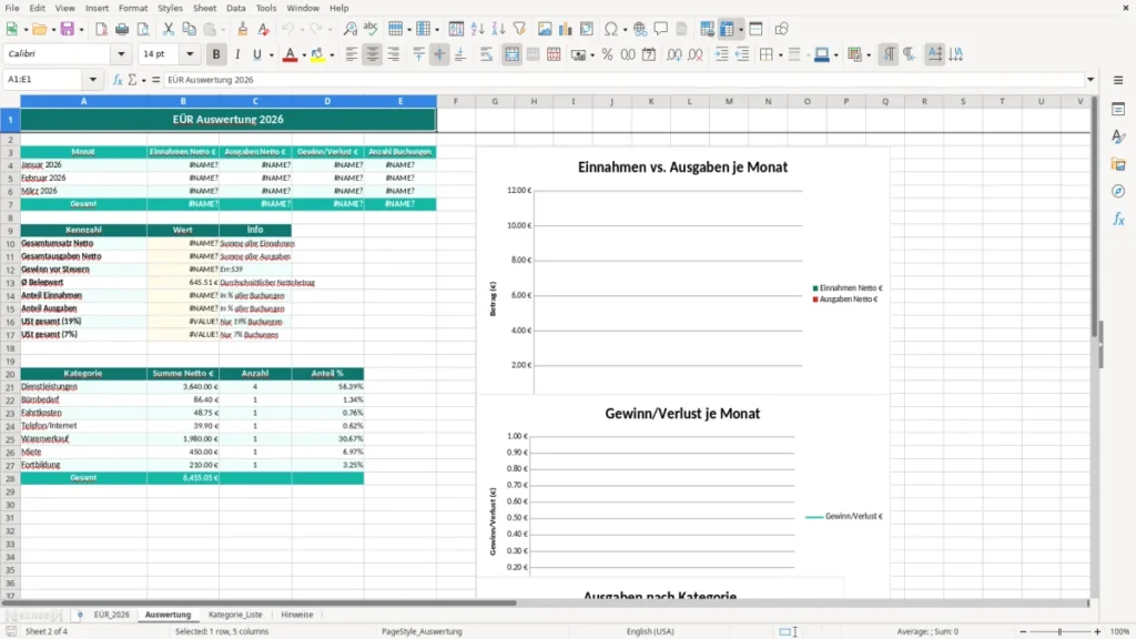 Auswertung – EÜR Vorlage Excel – Kostenlose Vorlage (2026)