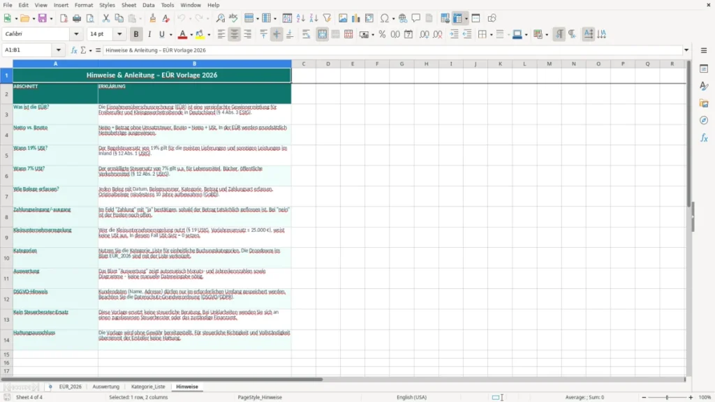 Hinweise – EÜR Vorlage Excel – Kostenlose Vorlage (2026)
