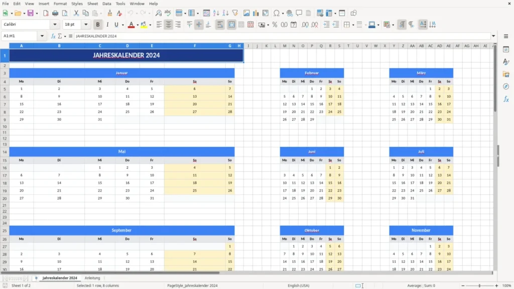 Jahreskalender 2024 – Excel Kalender Vorlage – Jahreskalender anpassbar