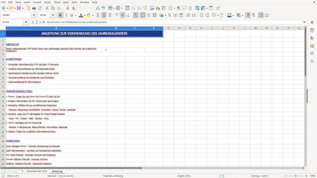 Anleitung – Excel Kalender Vorlage – Jahreskalender anpassbar