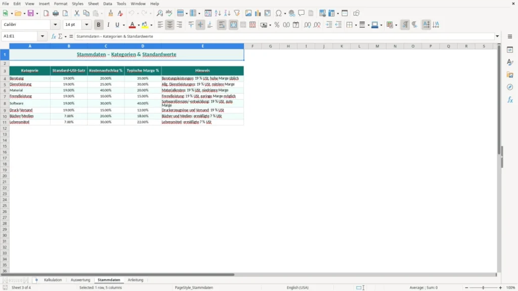 Stammdaten – Kalkulation Excel – Vorlage (2026)