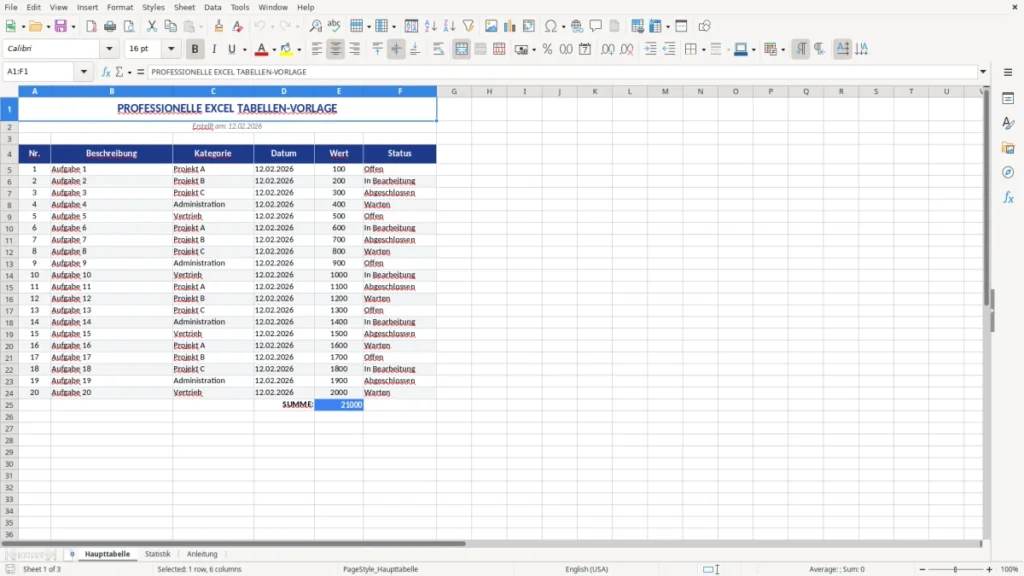 Haupttabelle – Excel Tabelle Vorlage – professionell & sofort nutzbar