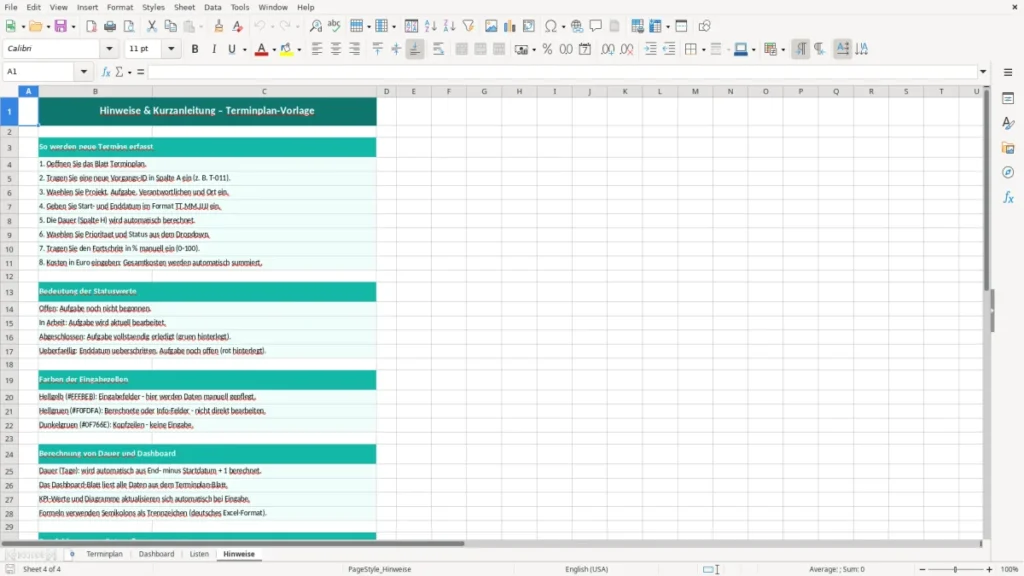 Hinweise – Terminplan Excel – Kostenlose Vorlage (2026)