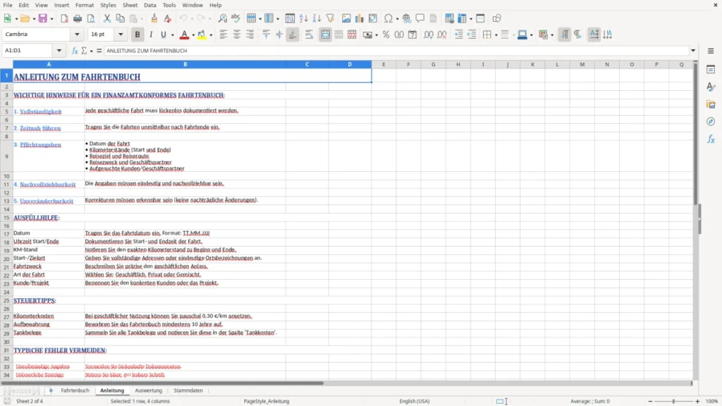 Anleitung – Fahrtenbuch Excel Vorlage – rechtssicher & einfach