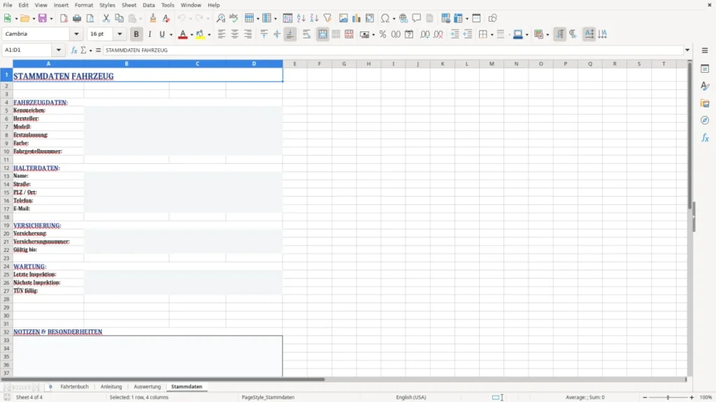 Stammdaten – Fahrtenbuch Excel Vorlage – rechtssicher & einfach