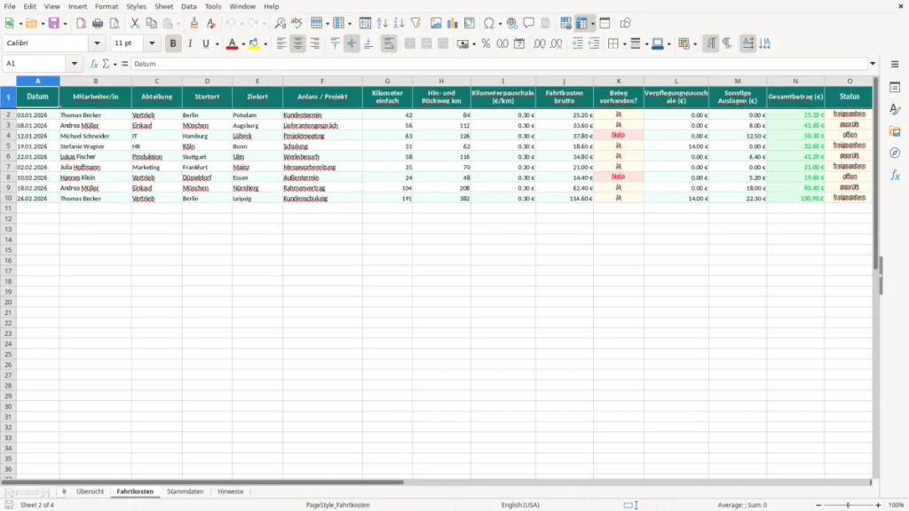Fahrtkosten – Fahrtkostenabrechnung Excel – Vorlage (2026)