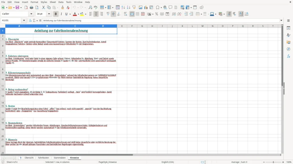 Hinweise – Fahrtkostenabrechnung Excel – Vorlage (2026)