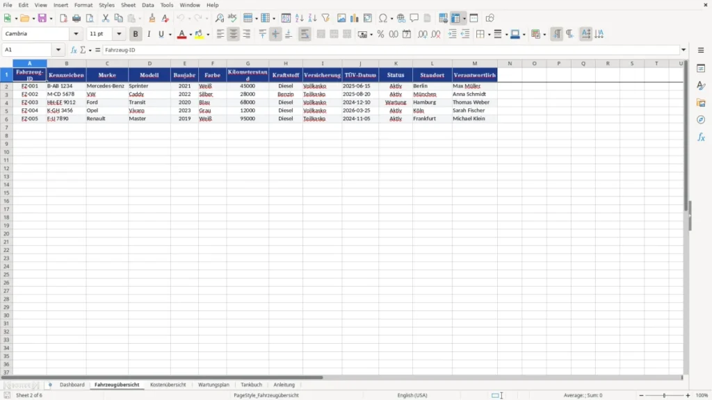 Fahrzeugübersicht – Fuhrparkverwaltung Excel-Vorlage kostenlos | Excel Planung