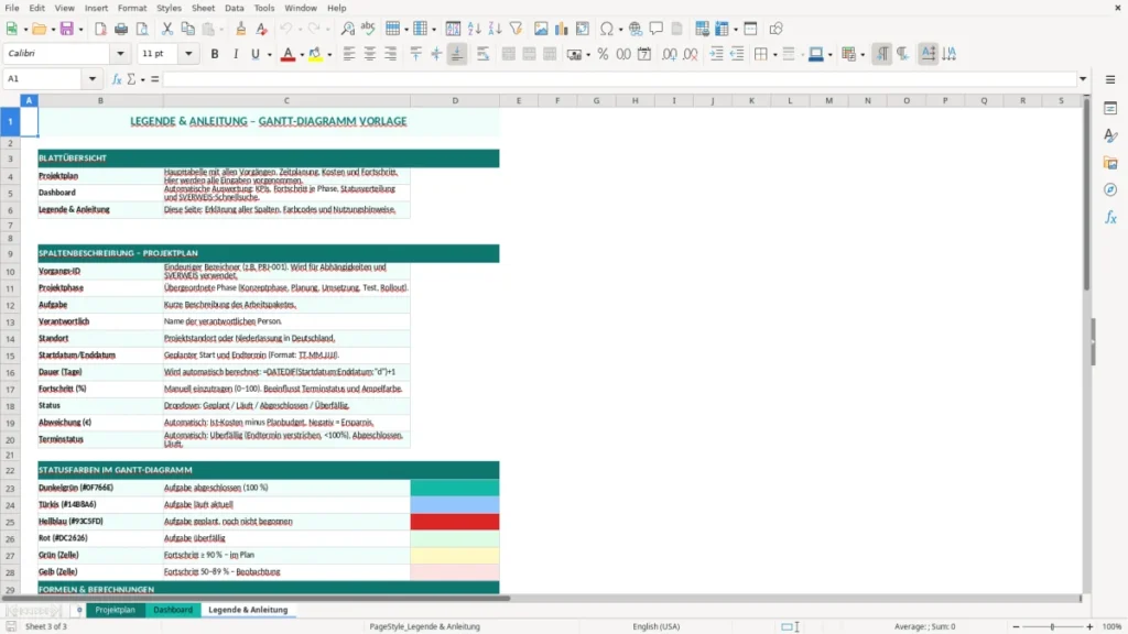 Legende & Anleitung – Gantt Diagramm Excel – Vorlage (2026)