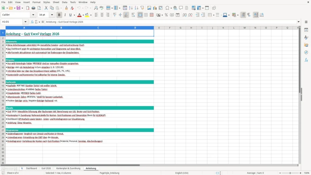 Anleitung – GuV Excel Vorlage – Kostenlose Vorlage (2026)