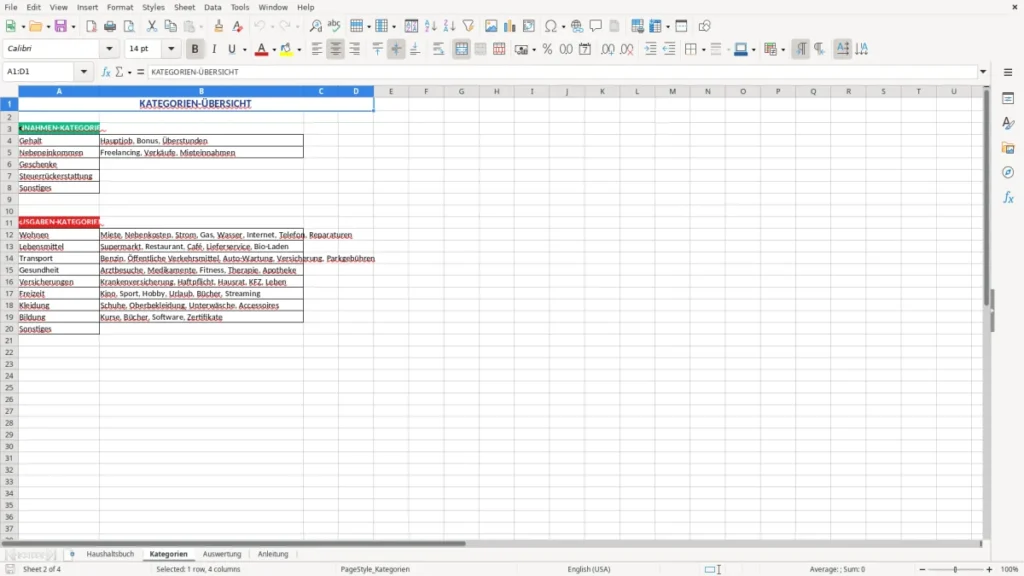 Kategorien – Haushaltsbuch Excel Vorlage – Finanzen im Griff