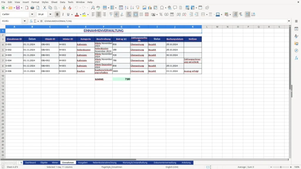 Einnahmen – Hausverwaltung Excel-Vorlage kostenlos | Profi-Template