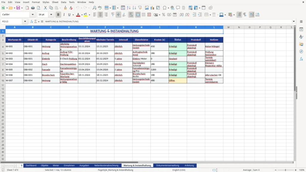 Wartung & Instandhaltung – Hausverwaltung Excel-Vorlage kostenlos | Profi-Template