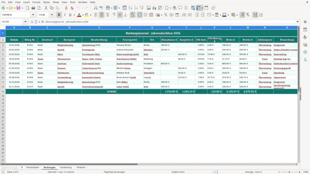 Buchungen – Jahresabschluss Verein Excel – Vorlage (2026)