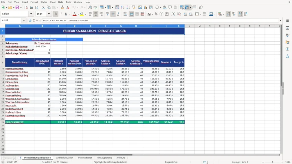 Dienstleistungskalkulation – Kalkulation Friseur Excel Vorlage – Preise sicher planen
