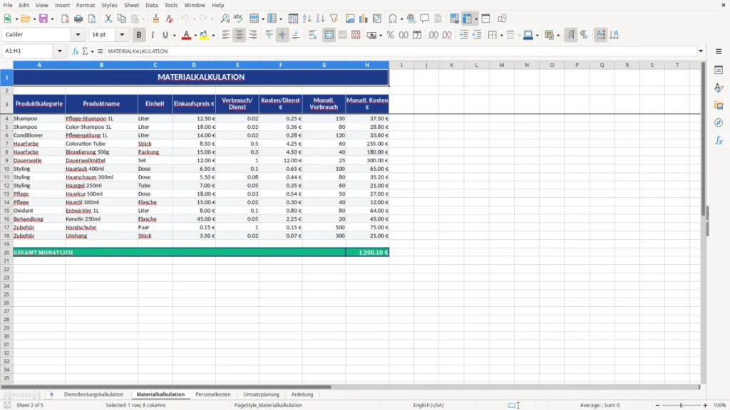 Materialkalkulation – Kalkulation Friseur Excel Vorlage – Preise sicher planen