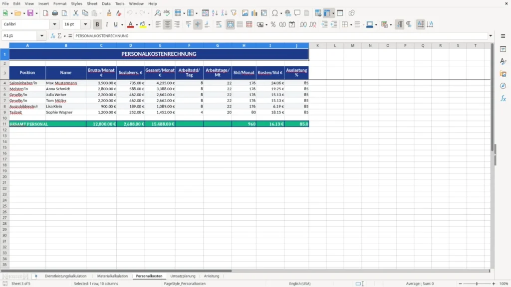 Personalkosten – Kalkulation Friseur Excel Vorlage – Preise sicher planen