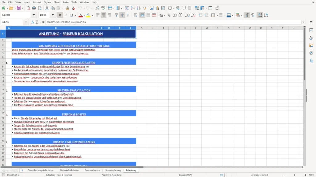 Anleitung – Kalkulation Friseur Excel Vorlage – Preise sicher planen